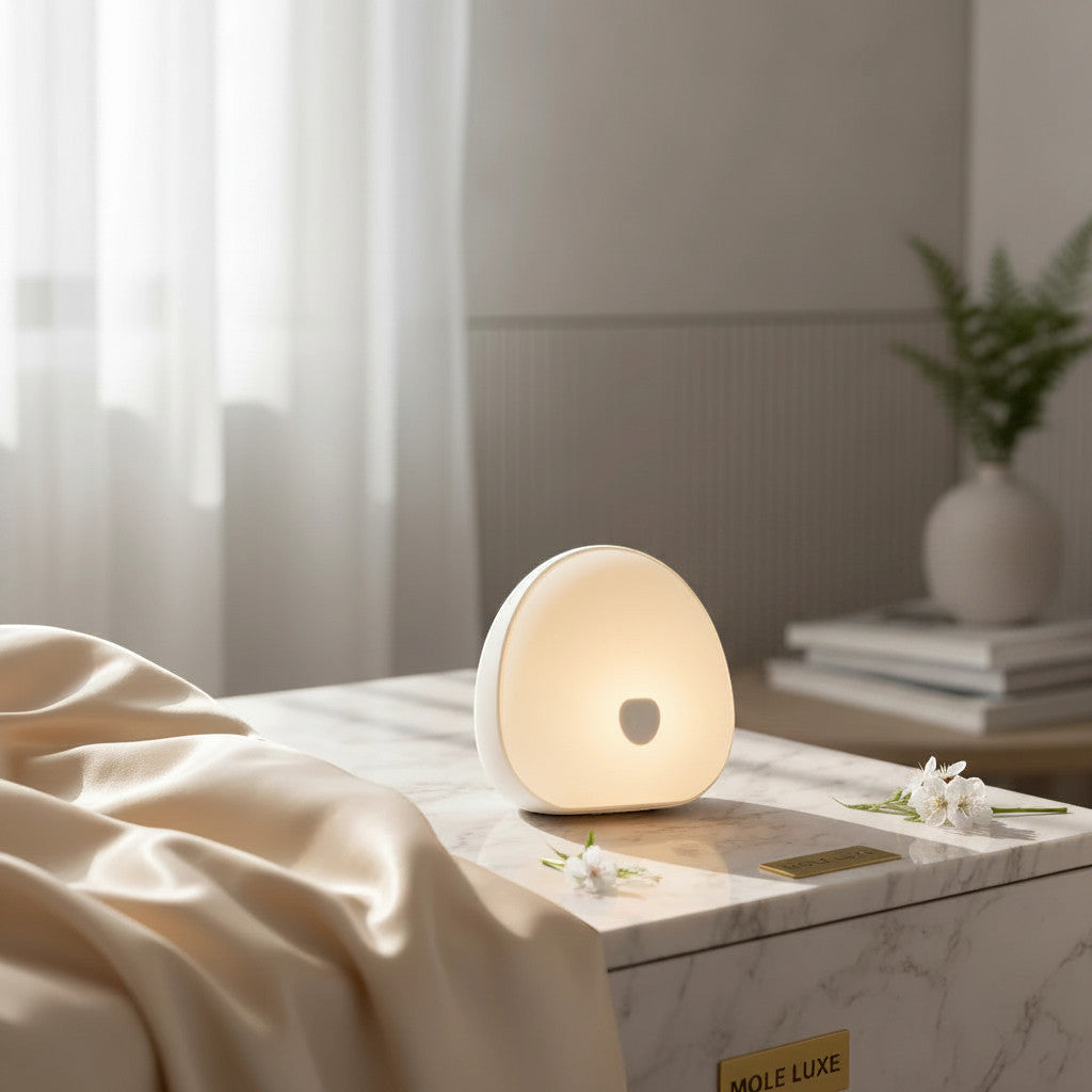 Mole Luxe beyaz yuvarlak gece lambası, 7 renkli ortam ışığı ve beyaz gürültü sesleri ile yatak odası için ideal.