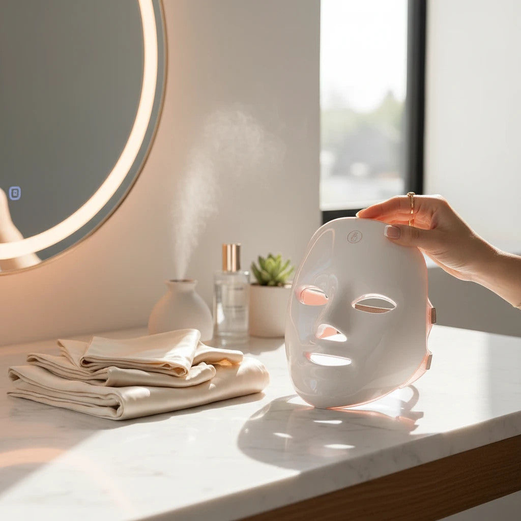 Mole Luxe 7 renkli LED ışık terapisi maskesi, mermer tezgah üzerinde, yanında nemlendirici ve ipek havlularla