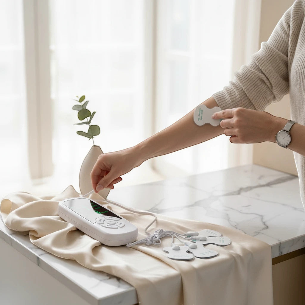 Mole Luxe akıllı TENS masaj cihazı, beyaz kontrol ünitesi ve kola uygulanan elektrot pedleri ile ev ortamında kullanım