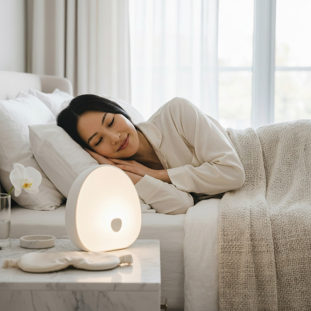 Mole Luxe beyaz gürültü özellikli, 7 renkli ortam aydınlatması sunan modern yuvarlak yatak odası gece lambası