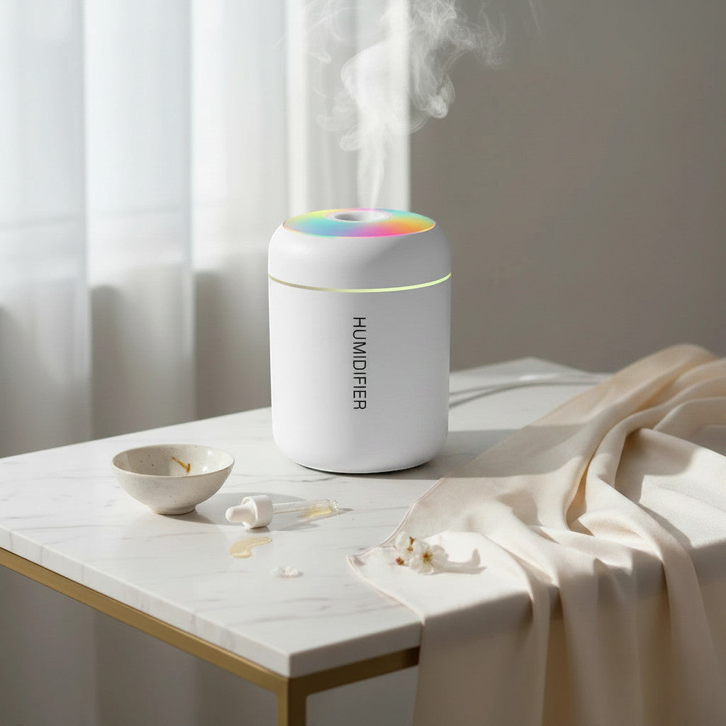 Mole Luxe beyaz mini USB hava nemlendirici, renkli LED ışıklı ve masaüstü aroma difüzörü tasarımı.