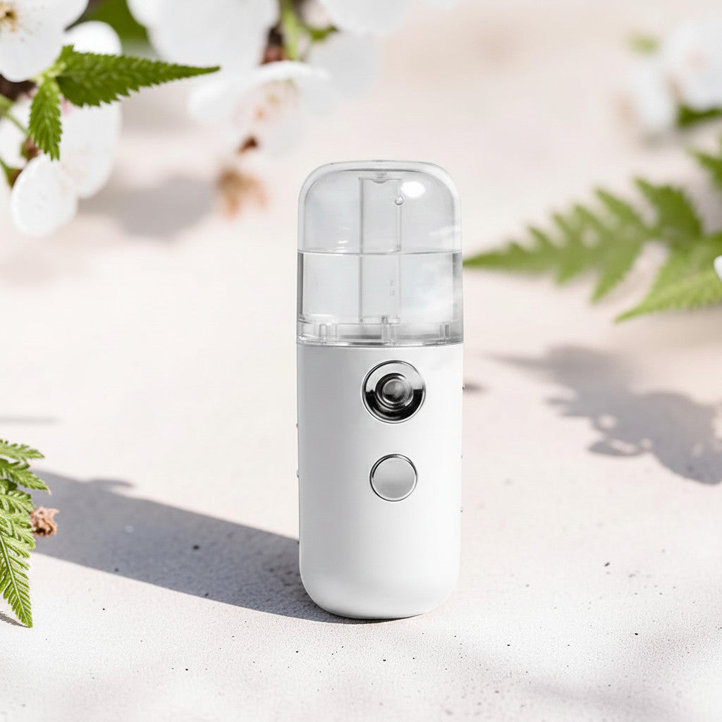 Mole Luxe beyaz taşınabilir nano yüz nemlendirici sprey cihazı, çiçekli arka plan üzerinde
