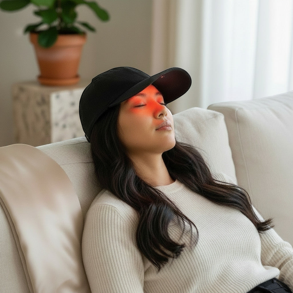 Mole Luxe kırmızı ışık terapili saç uzatma şapkası takan bir kadın evde koltukta dinleniyor.