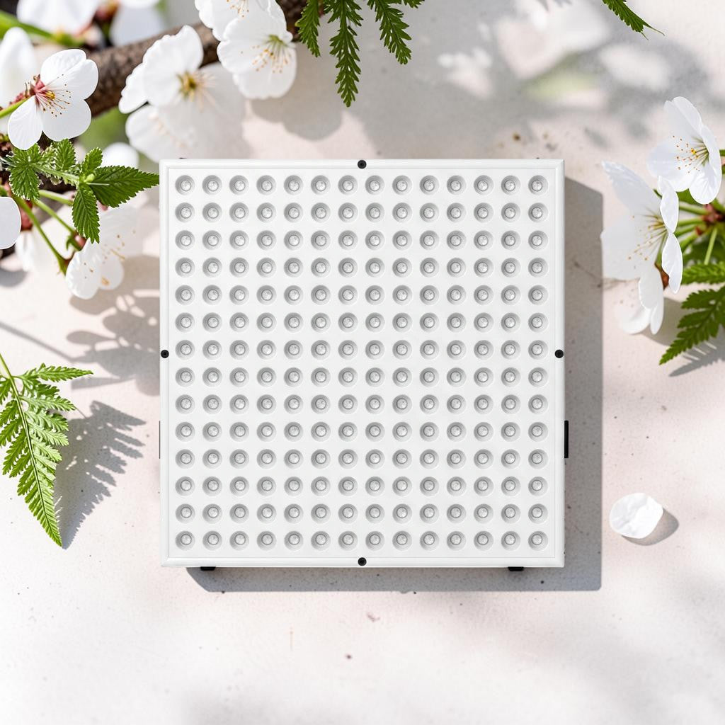 Mole Luxe kırmızı ve yakın kızılötesi ışık terapisi paneli, beyaz çerçeveli ve çok sayıda LED ışık dizilimli cihaz.