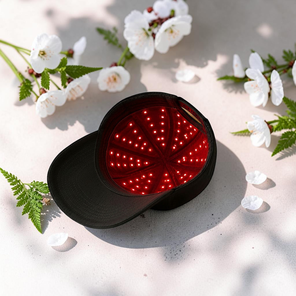 Mole Luxe kırmızı ışık terapili saç uzatma şapkası, iç kısmında 96 adet LED ışık bulunan siyah beyzbol şapkası tasarımı