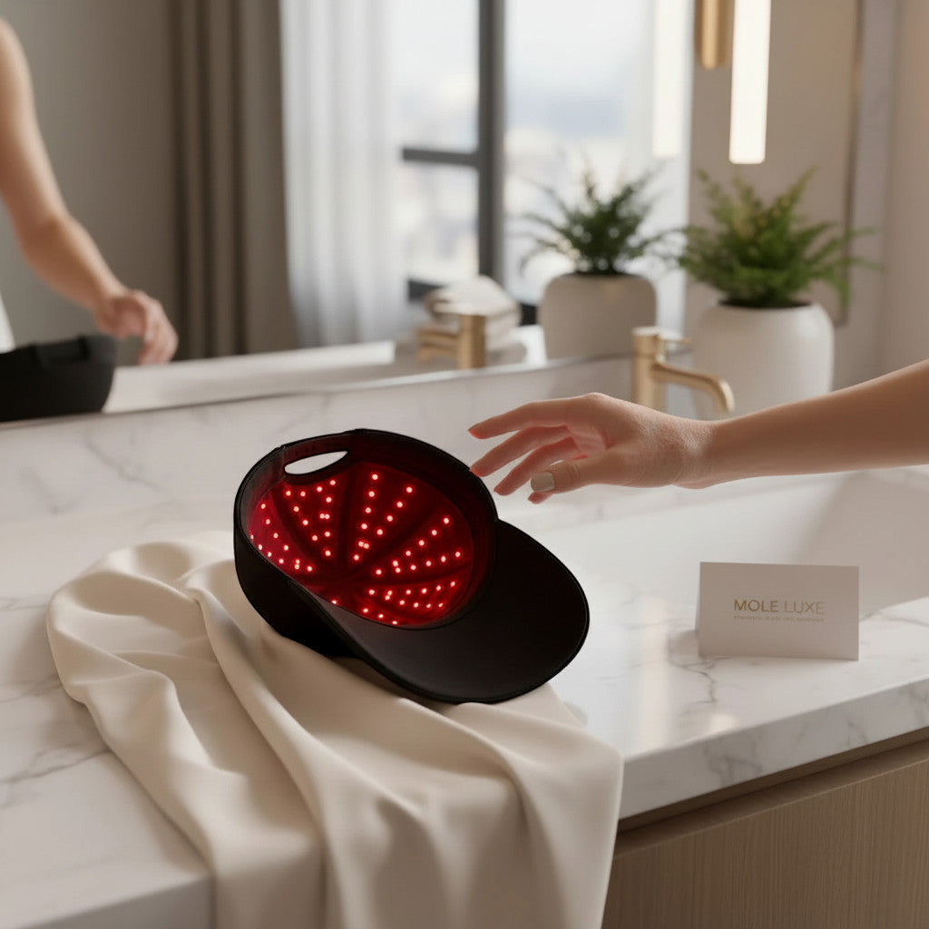 Mole Luxe kırmızı ışık terapili saç uzatma şapkası, iç kısmında 96 adet LED ışıkla banyo tezgahı üzerinde duruyor.