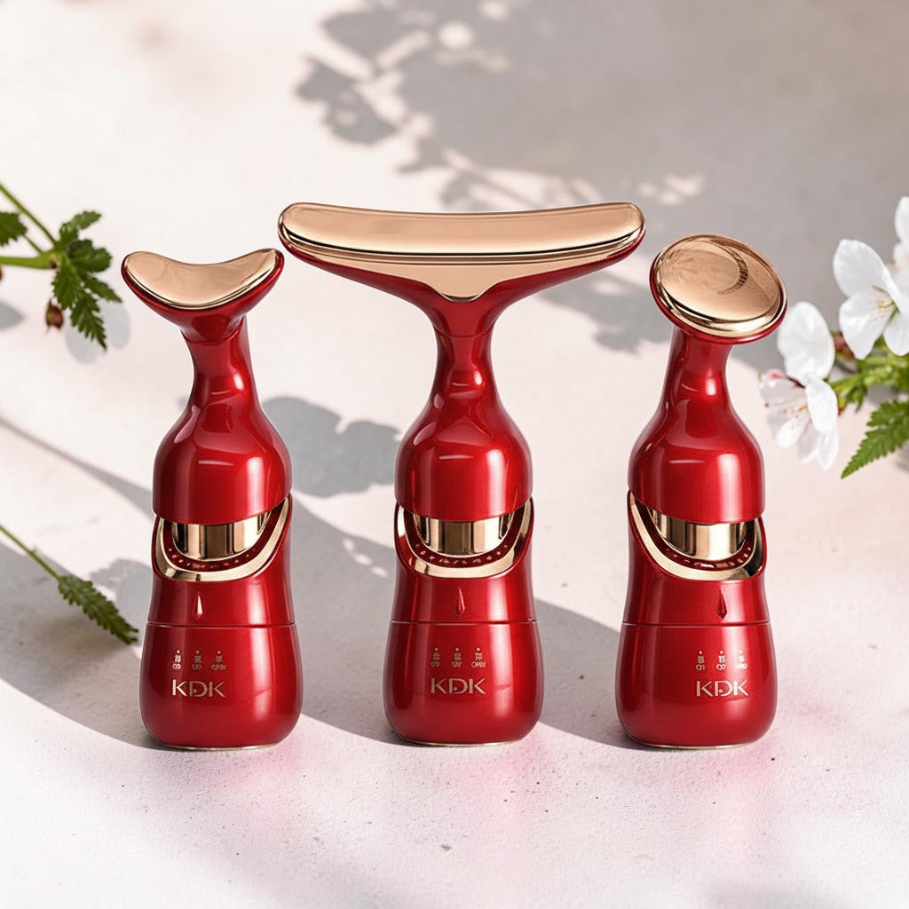 Mole Luxe kırmızı renkli, yüz ve boyun bölgesi için tasarlanmış üç farklı başlıklı titreşimli cilt bakım cihazı seti
