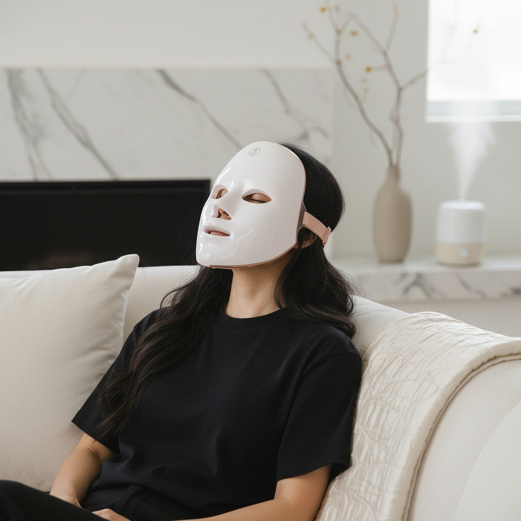Mole Luxe 7 renkli LED ışık terapisi maskesi takan, ev ortamında rahatlayan kadın