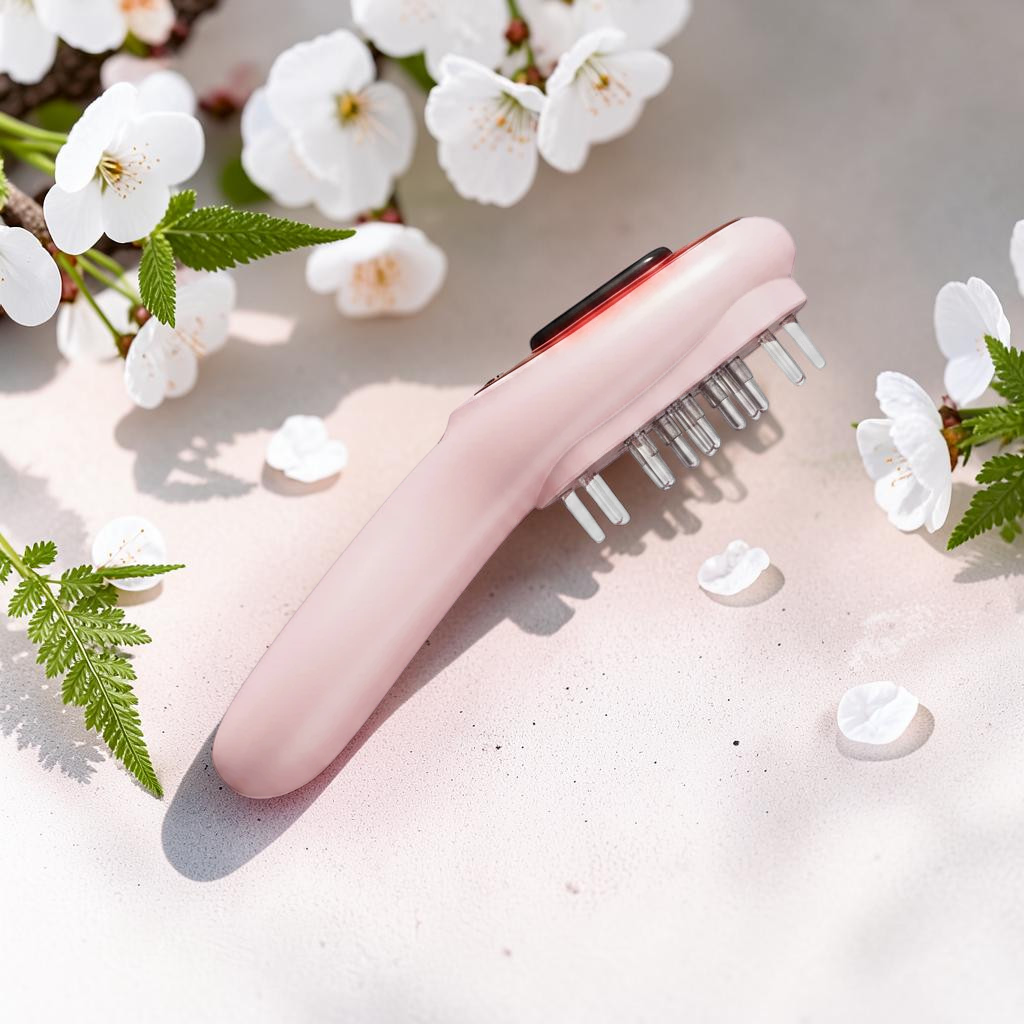 Mole Luxe pembe renkli, yağ dağıtıcı özellikli, titreşimli ve ışık terapili elektrikli saç masaj tarağı