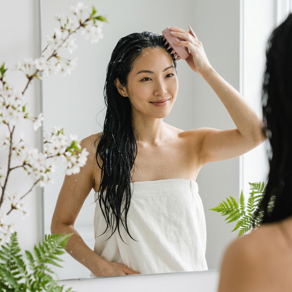 Mole Luxe pembe silikon saç derisi masaj fırçası kullanan kadın, banyo aynasında saçını yıkarken
