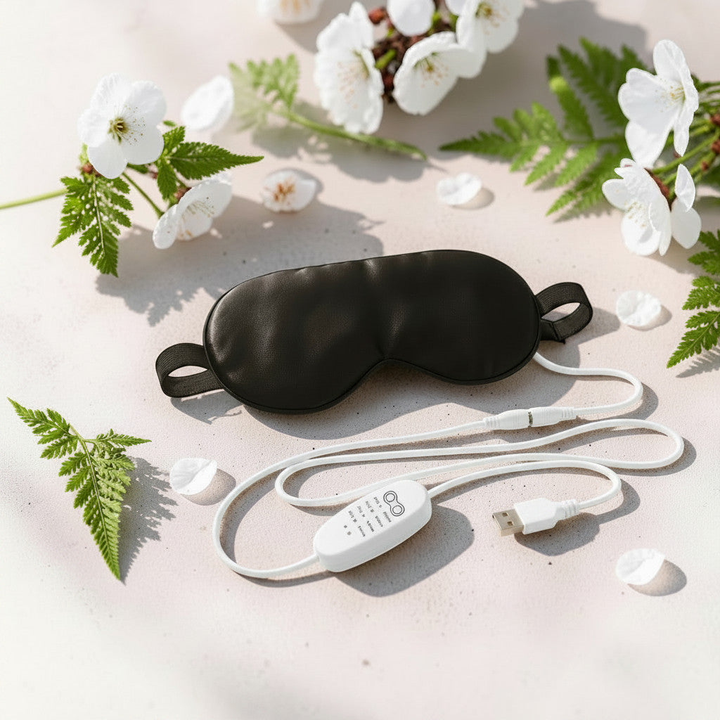 Mole Luxe siyah ipek ısıtmalı göz maskesi, USB kablolu kumandası ile beyaz çiçekler arasında şık bir sunumda.