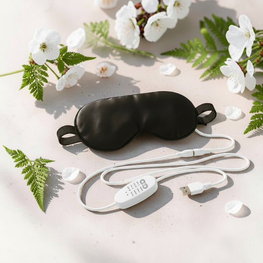 Mole Luxe siyah ipek ısıtmalı göz maskesi, USB kablolu kumandası ile beyaz çiçekler arasında şık bir sunumda.