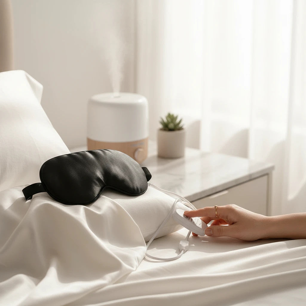 Mole Luxe ipek dokulu siyah ısıtmalı göz maskesi, yatak üzerinde kumandasıyla birlikte kullanıma hazır halde.