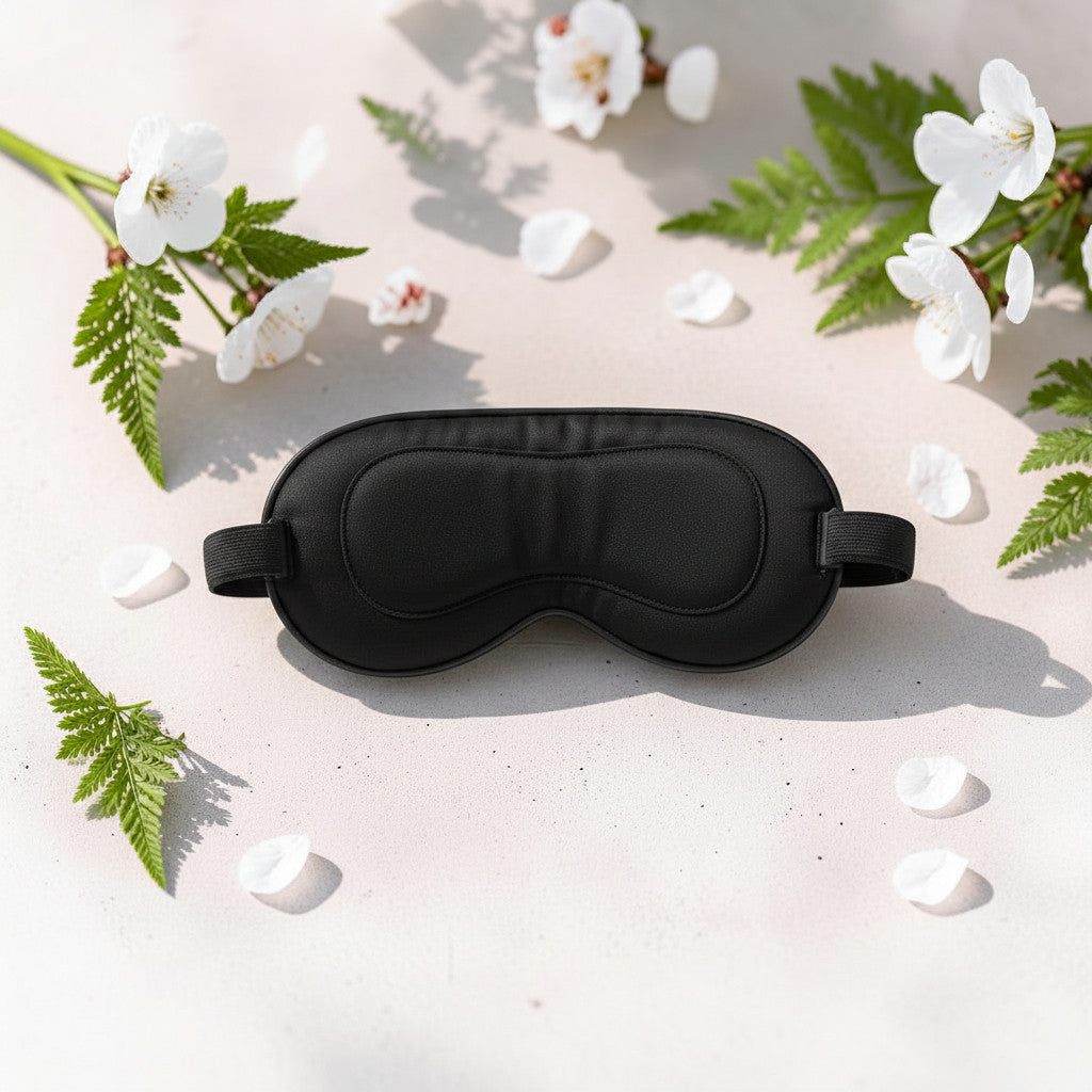 Mole Luxe siyah ipek ısıtmalı göz maskesi, beyaz çiçekler ve yeşil yapraklar arasında şık bir şekilde sergileniyor.