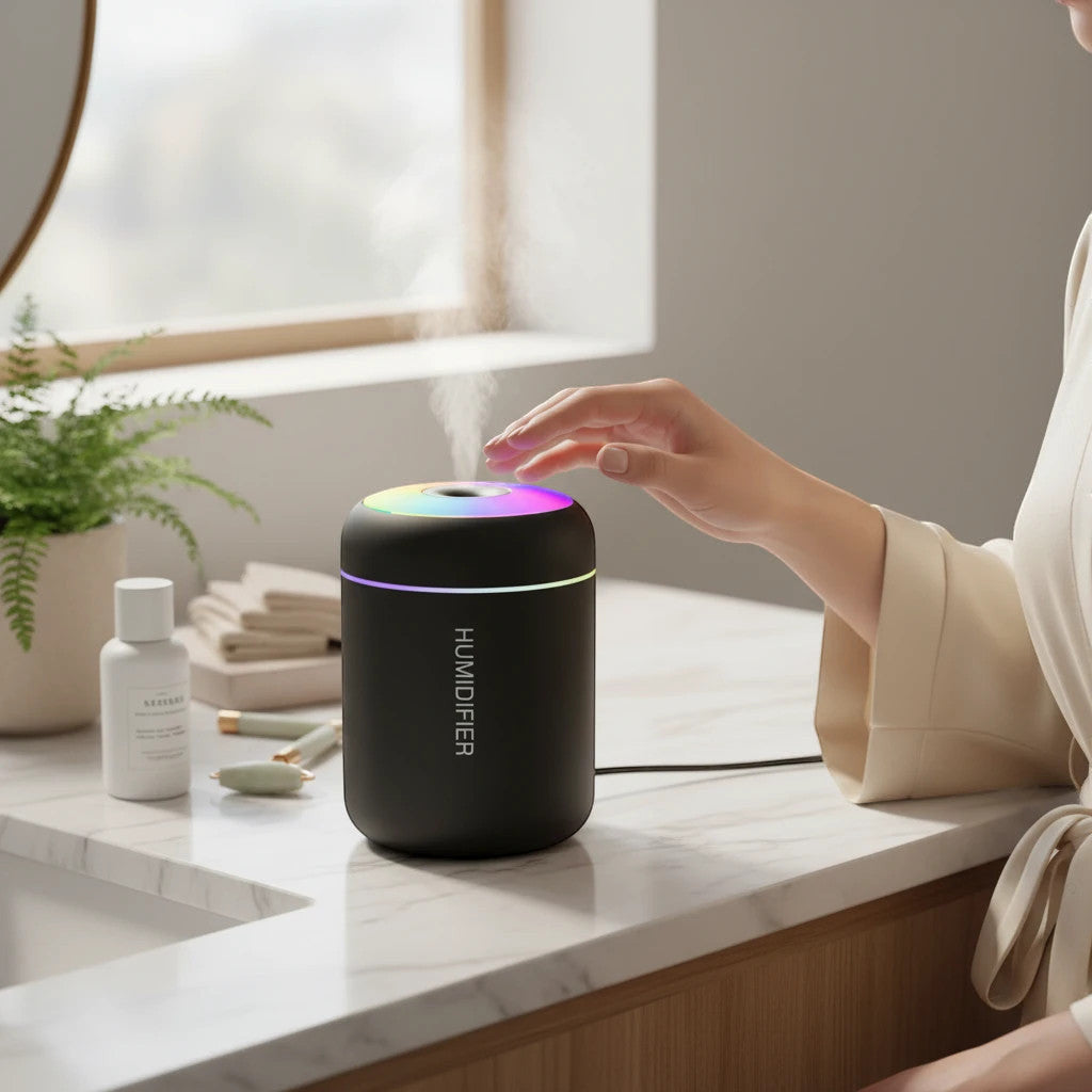 Mole Luxe siyah masaüstü mini hava nemlendirici, renkli LED ışıklı ve USB bağlantılı aromaterapi difüzörü.