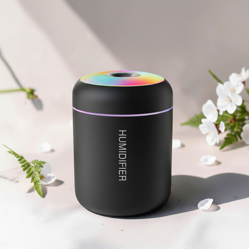 Mole Luxe siyah mini USB hava nemlendirici, renkli LED ışıklı ve aromaterapi özellikli masaüstü cihaz