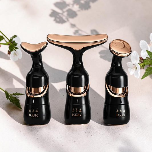 Mole Luxe siyah ve rose gold renkli, farklı başlık tasarımlarına sahip üçlü yüz ve boyun masaj cihazı seti