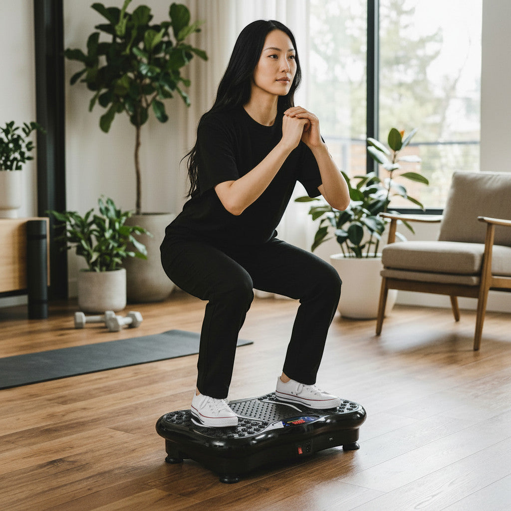 Mole Luxe siyah titreşimli egzersiz plakası üzerinde squat yapan kadın, ev ortamında spor yaparken.