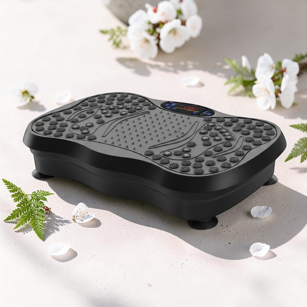 Mole Luxe siyah titreşimli egzersiz plakası, masaj yüzeyli ve dijital ekranlı ev tipi fitness cihazı.