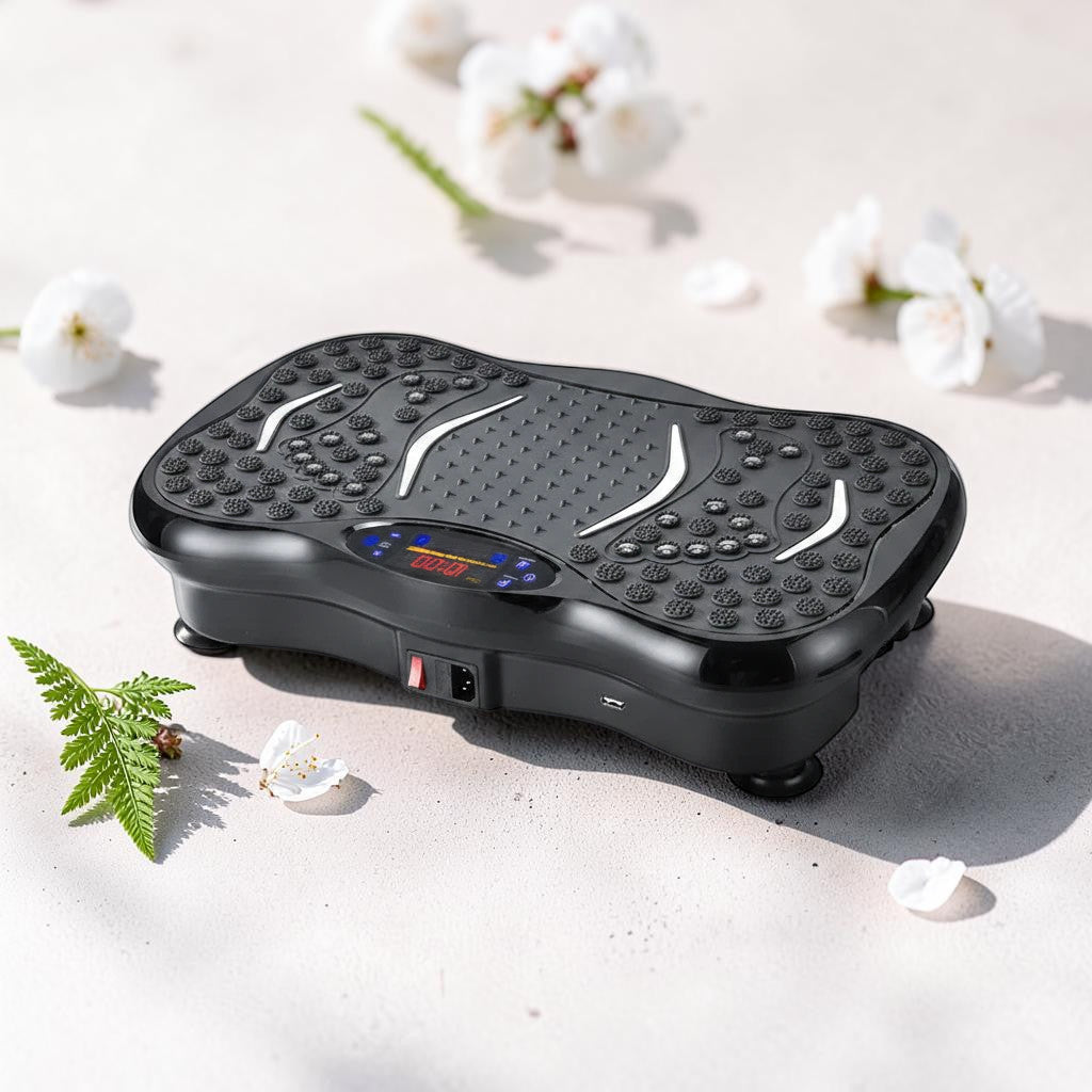 Mole Luxe siyah ABS titreşimli egzersiz plakası, Bluetooth bağlantılı ve masaj yüzeyli ev tipi spor aleti.