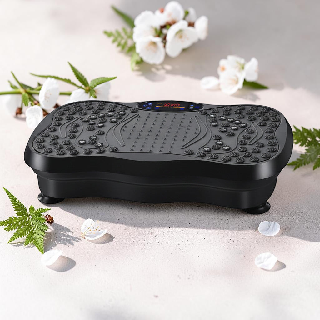 Mole Luxe siyah ABS titreşimli egzersiz platformu, ayak masajı yüzeyi ve dijital ekranlı ev tipi fitness cihazı.