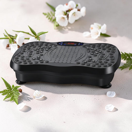 Mole Luxe siyah ABS titreşimli egzersiz platformu, ayak masajı yüzeyi ve dijital ekranlı ev tipi fitness cihazı.