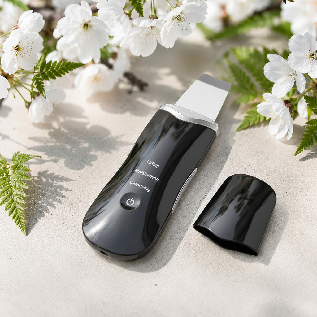 Mole Luxe siyah ultrasonik cilt temizleme cihazı, beyaz çiçekler arasında şık ve modern bir tasarıma sahip