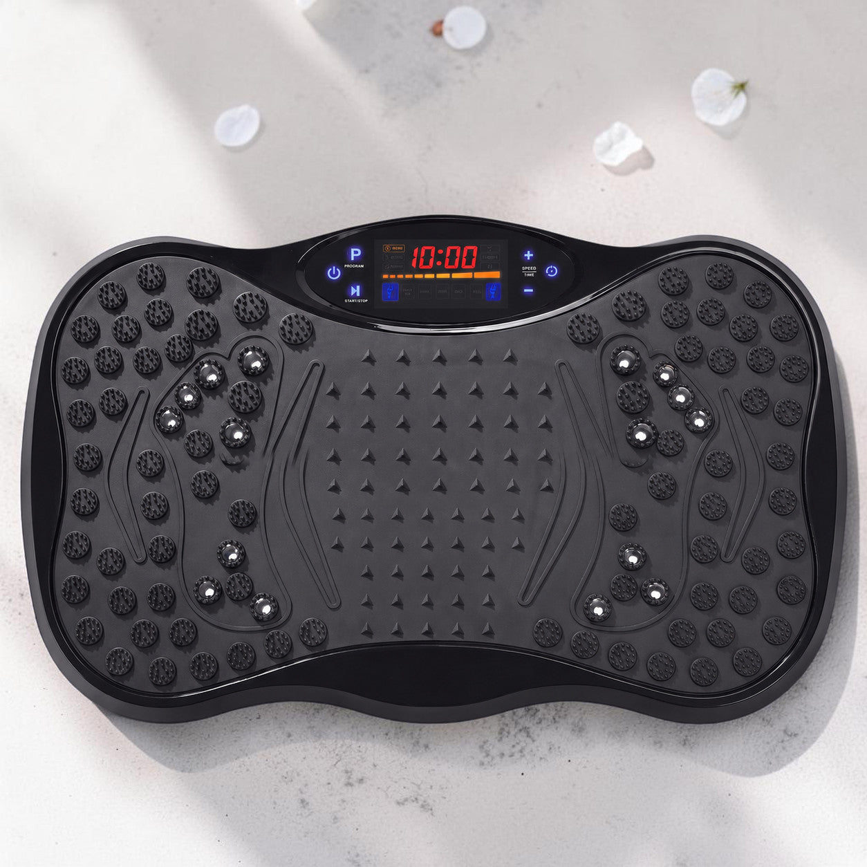 Mole Luxe siyah Bluetooth özellikli titreşimli egzersiz plakası, ayak masajı noktaları ve dijital ekranlı
