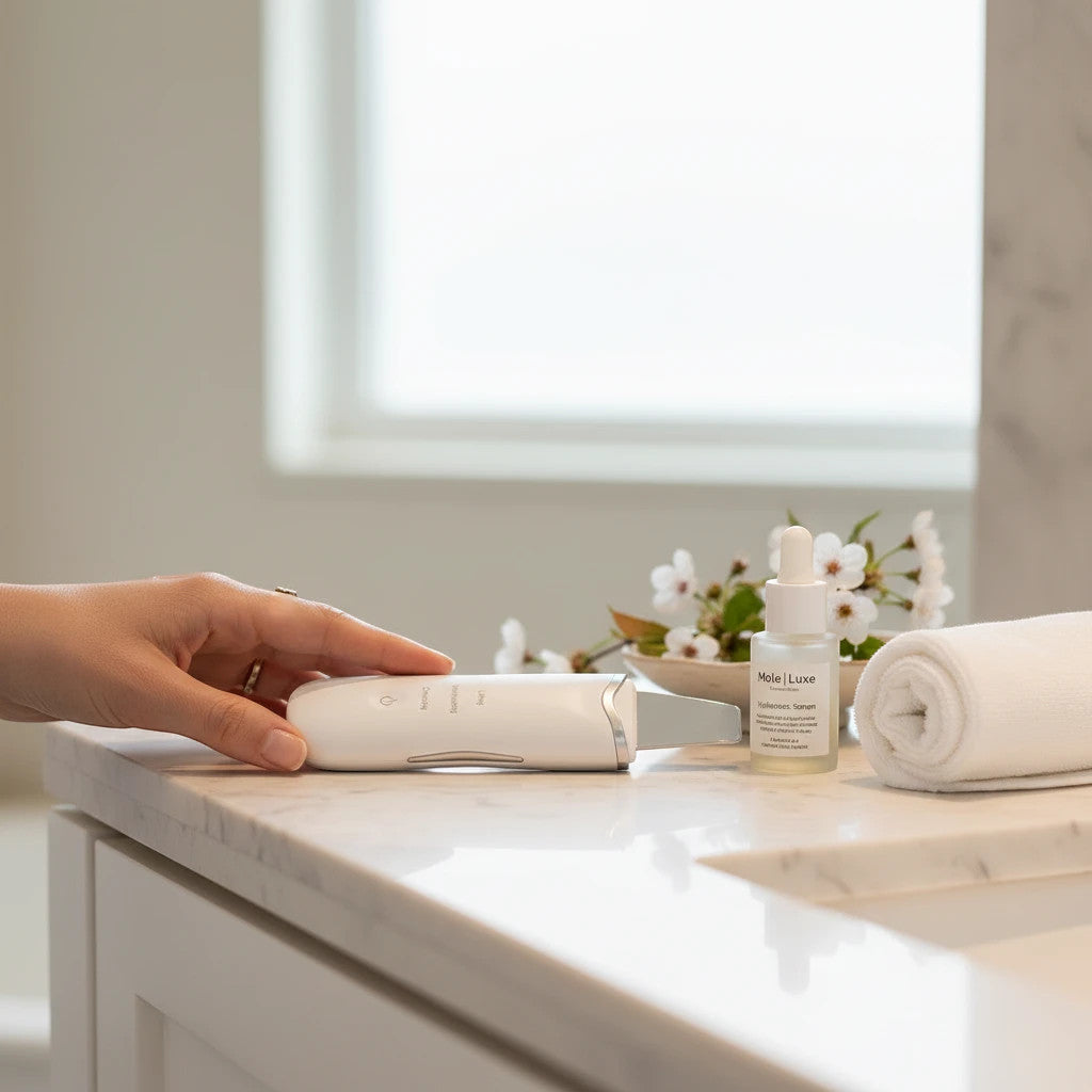 Mole Luxe beyaz ultrasonik cilt temizleme cihazı, banyo tezgahında serum ve havlu ile birlikte duruyor.