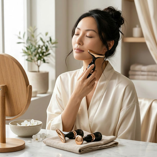 Mole Luxe yüz ve boyun masaj aleti kullanan kadın, cilt gençleştirme ve sıkılaştırma için altın ve siyah cihaz